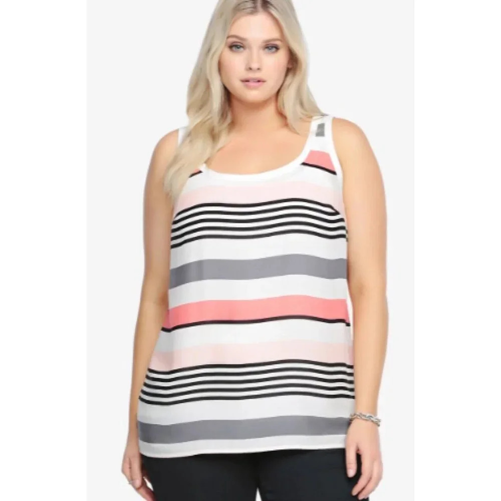 Torrid Black, Pink and Ivory Striped Challis Tank in Size 2